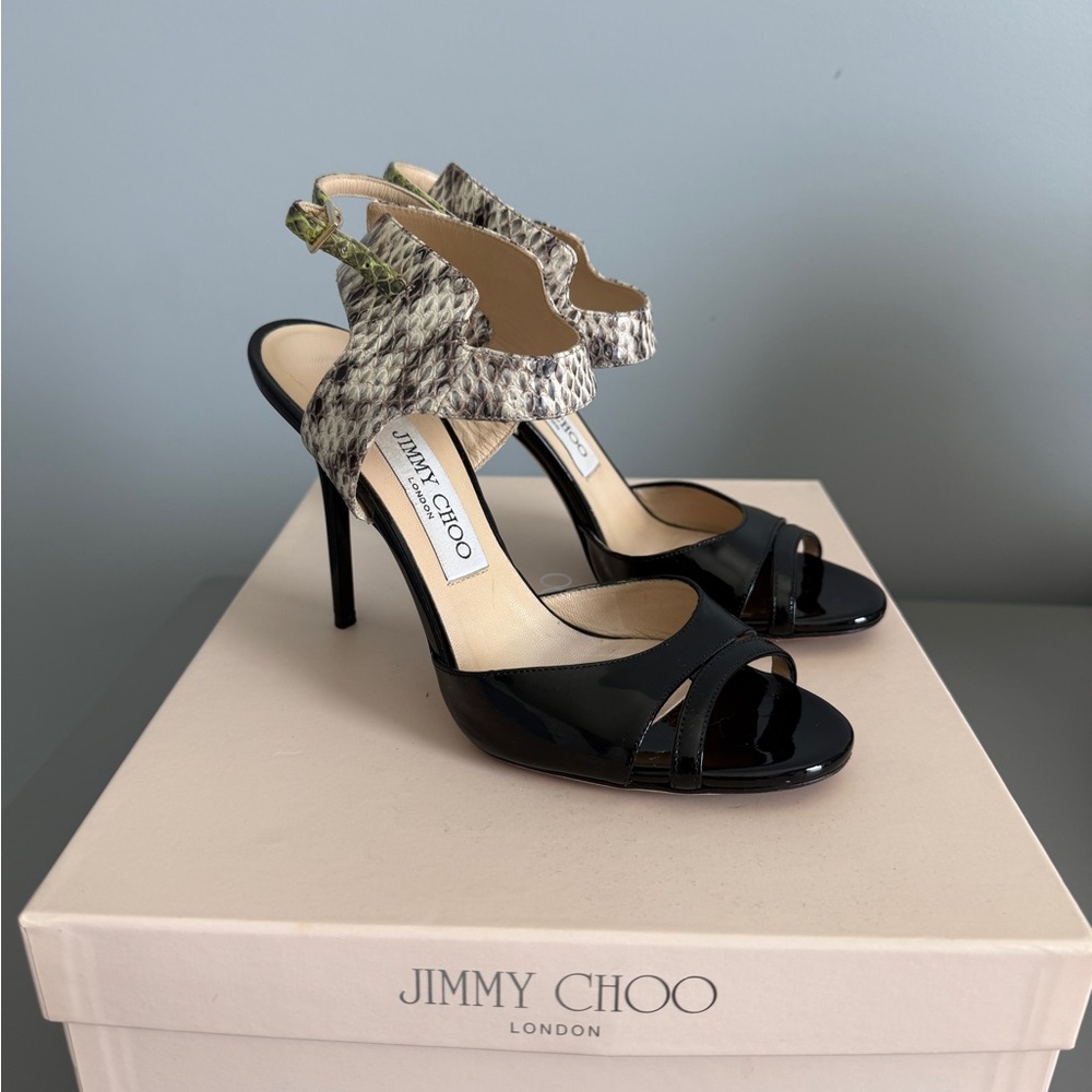 Jimmy Choo Black Patent Leather Heels with Snakeskin Ankle Strap
